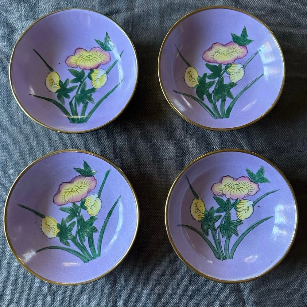 Vintage Chinese Brass Encased Hand Painted Porcelain Bowls set 4 wall art hang